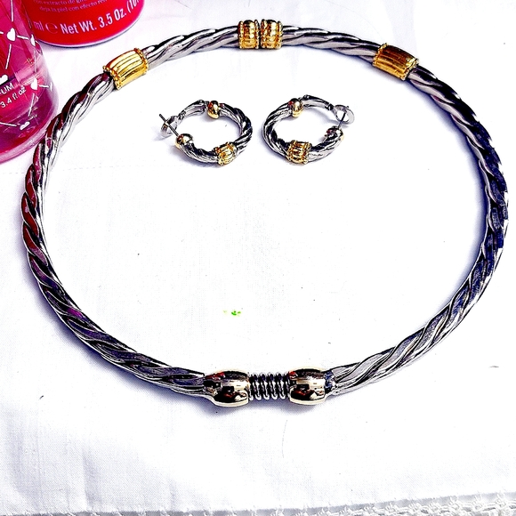 Two tone cuff necklace and earing set - Picture 1 of 8
